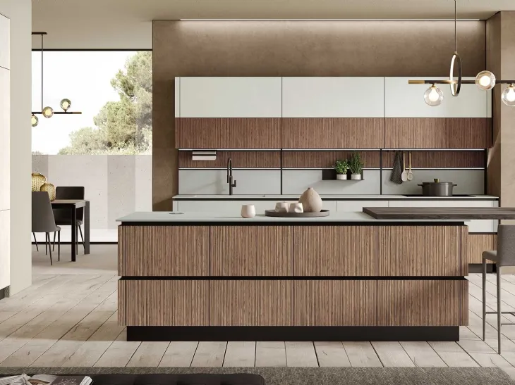 Cucina Moderna con isola Stratos in HPL cannettato noce chiaro e gres fokos sale di Mobilturi